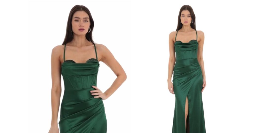 Satin Sequin Bust Maxi Dress in Green